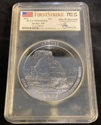 2014 Silver 5 oz ATB Arches NP First Strike PCGS MS69 DMPL (Mercanti)