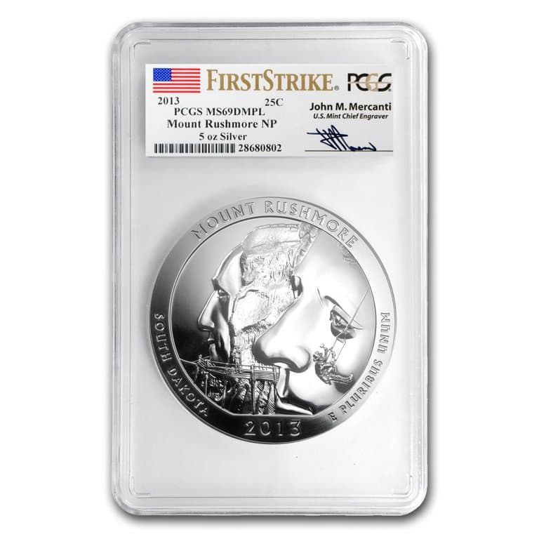 2013 Silver 5 oz ATB Mount Rushmore NP First Strike PCGS MS69 DMPL  (Mercanti)