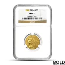 $5 Indian Gold Half Eagle Coin (MS62, Random)