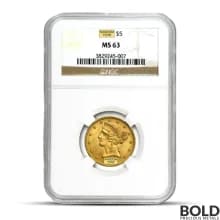 $5 Liberty Gold Half Eagle Coin (MS63, NGC or PCGS, Random)