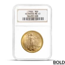 1908 $20 St Gaudens "No Motto" Gold Coin (MS63, NGC or PCGS)