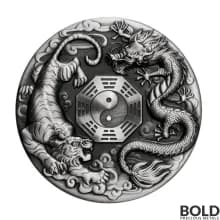 2021 Tuvalu Dragon and Tiger Antiqued 2 oz Silver