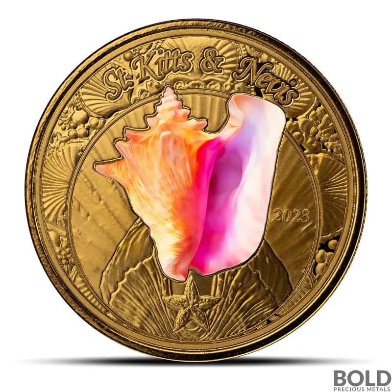 2023 1 oz EC8 St Kitts & Nevis Conch Shell Gold Proof Coin (Colored)