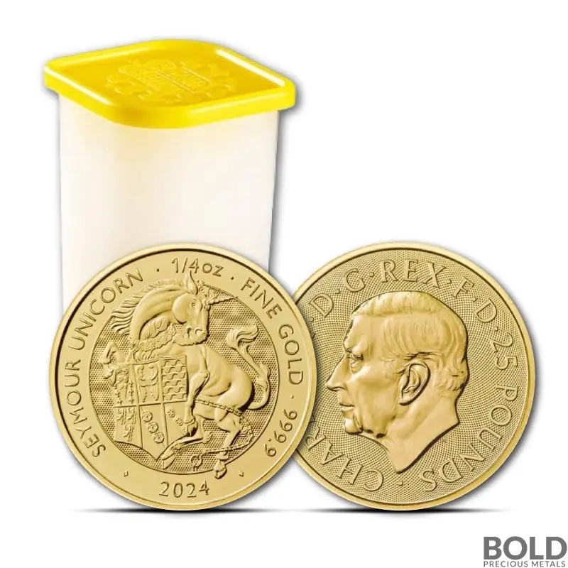 2024 1/4 oz British Gold Tudor Beasts Seymour Unicorn Tube (25 Coins, BU)