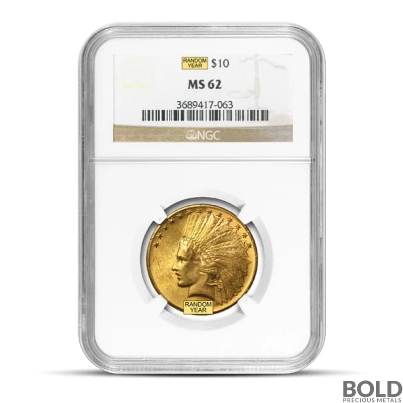 $10 Indian Gold Eagle Coin (MS62, NGC or PCGS, Random)
