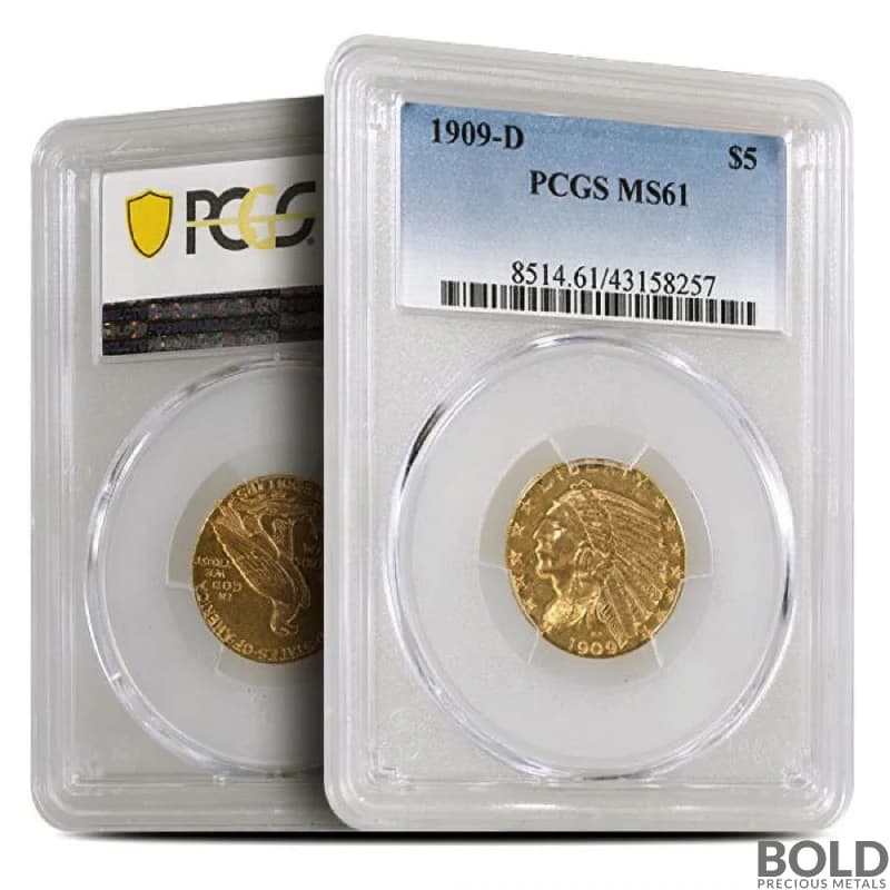 $5 Indian Gold Half Eagle Coin (MS61, Random)