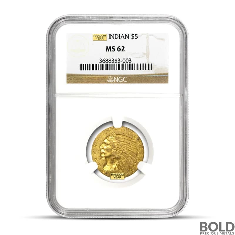 $5 Indian Gold Half Eagle Coin (MS62, Random)