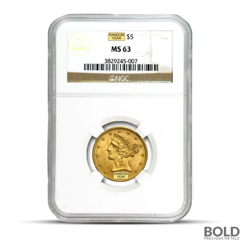 $5 Liberty Gold Half Eagle Coin (MS63, NGC or PCGS, Random)