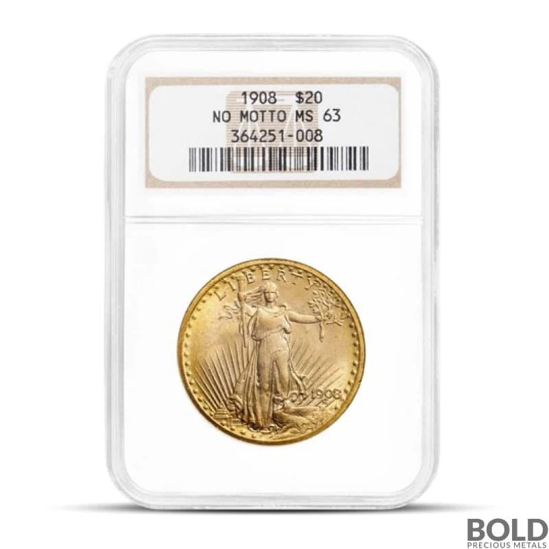 1908 $20 St Gaudens "No Motto" Gold Coin (MS63, NGC or PCGS)