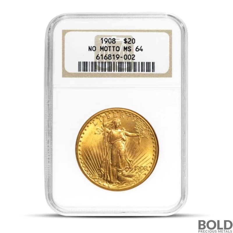 1908 $20 St Gaudens "No Motto" Gold Coin (MS64, NGC or PCGS)