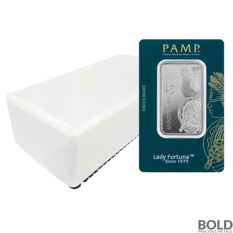 1 oz PAMP Lady Fortuna 45th Anniversary Silver Bar (In Assay) Box of 25