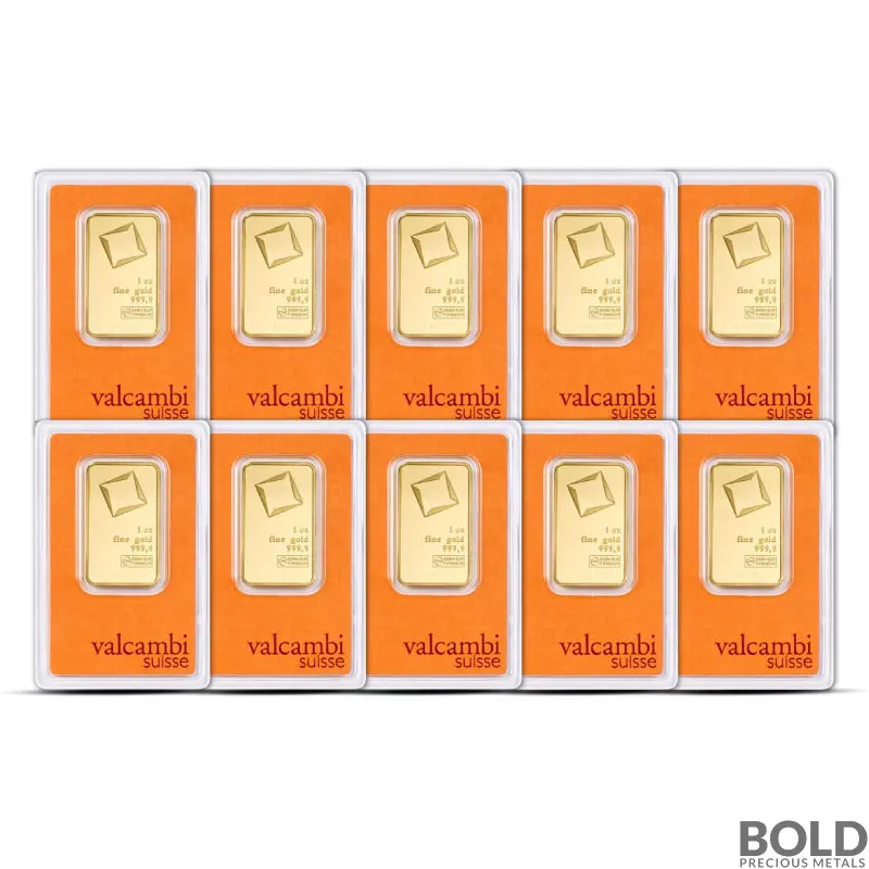 1 oz Valcambi Gold Bar (Lot of 10) .9999 Fine Gold in Assay