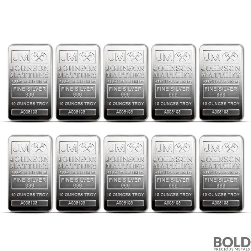 10 oz Johnson Matthey Silver Bar (Lot of 10)