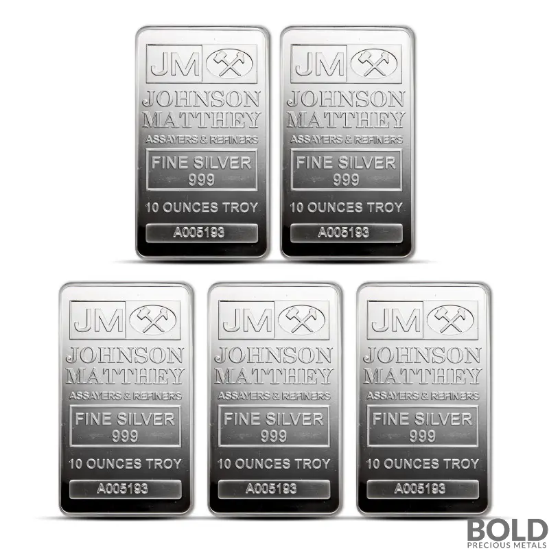 10 oz Johnson Matthey Silver Bar (Lot of 5)
