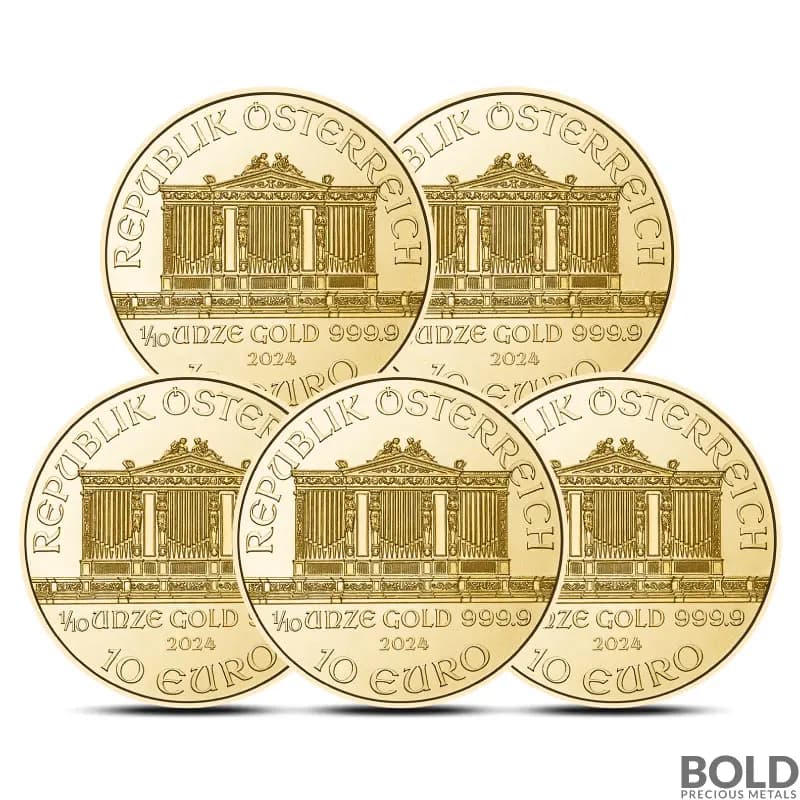 Lot of 5 - 2024 1/10 oz Austrian Philharmonic Gold Coin (BU)