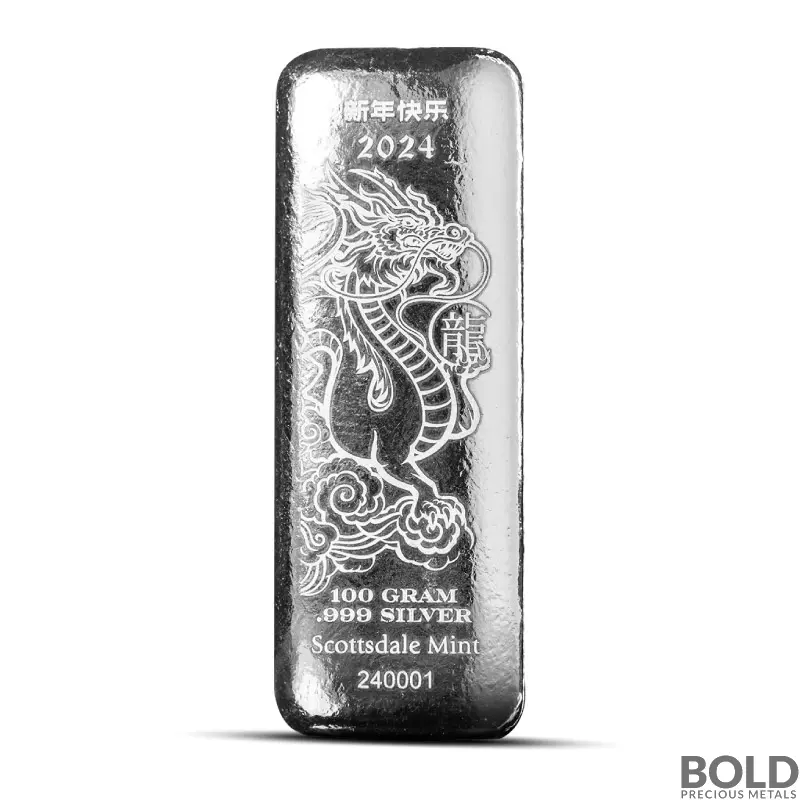 100 Gram Scottsdale Lunar Dragon Silver Bar
