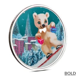 1 oz Polar Bear Snowboarding Silver Round (Color)