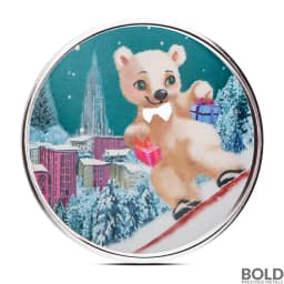 1 oz Polar Bear Snowboarding Silver Round (Color)