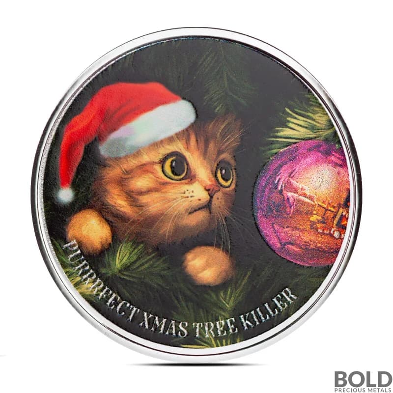 1 oz Purrfect Xmas Tree Killer Silver Round (Color)