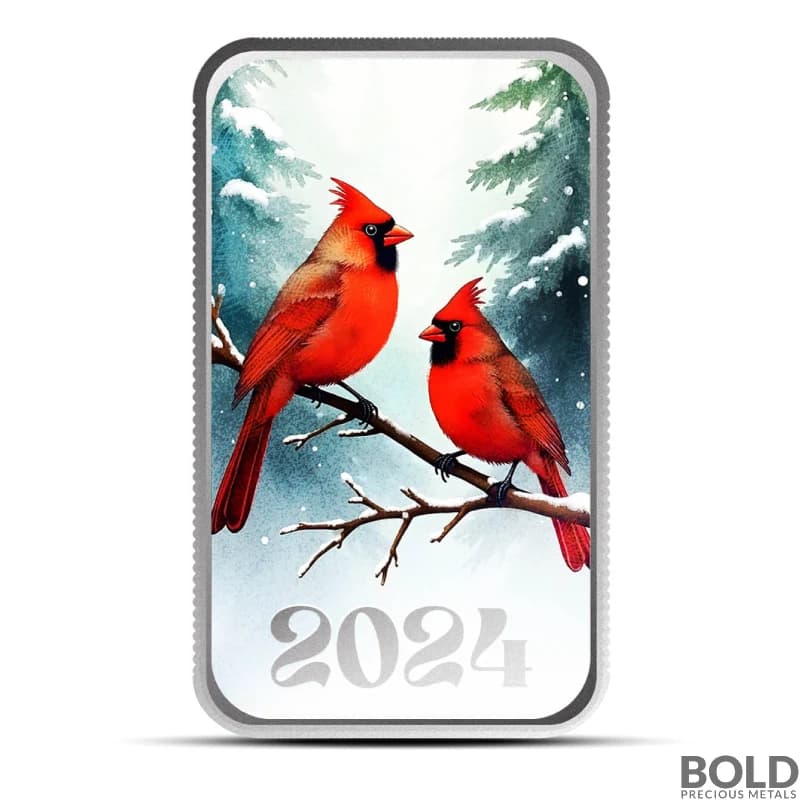 1 oz Winter Cardinals Silver Bar (Color)