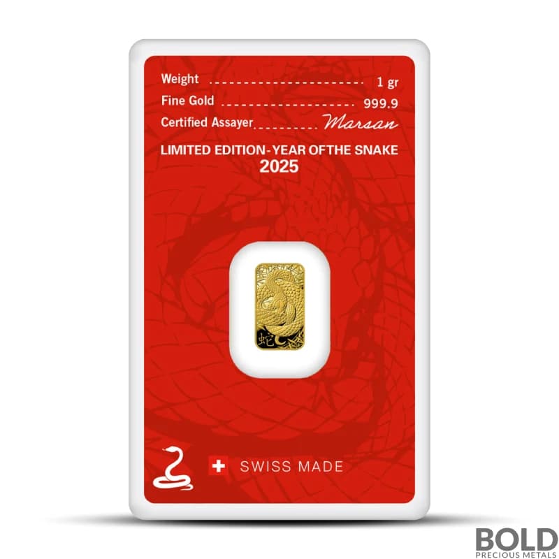 2025 1 Gram Argor Heraeus Lunar YOT Snake Gold Bar (In Assay)