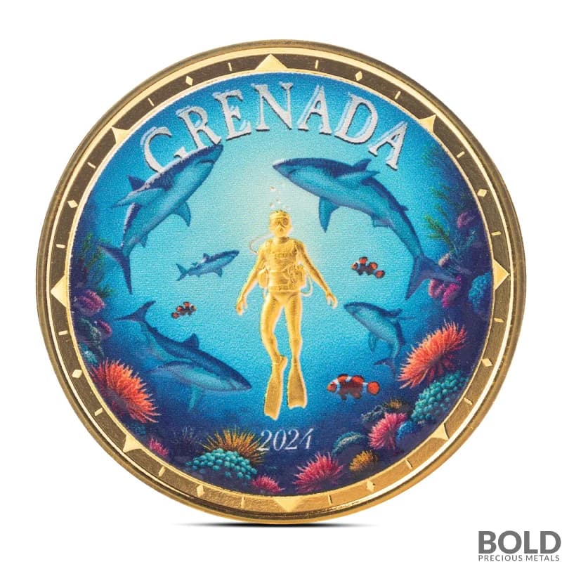 2024 1 oz EC8 Grenada Shark Diver Gold Coin (BU, Colored)