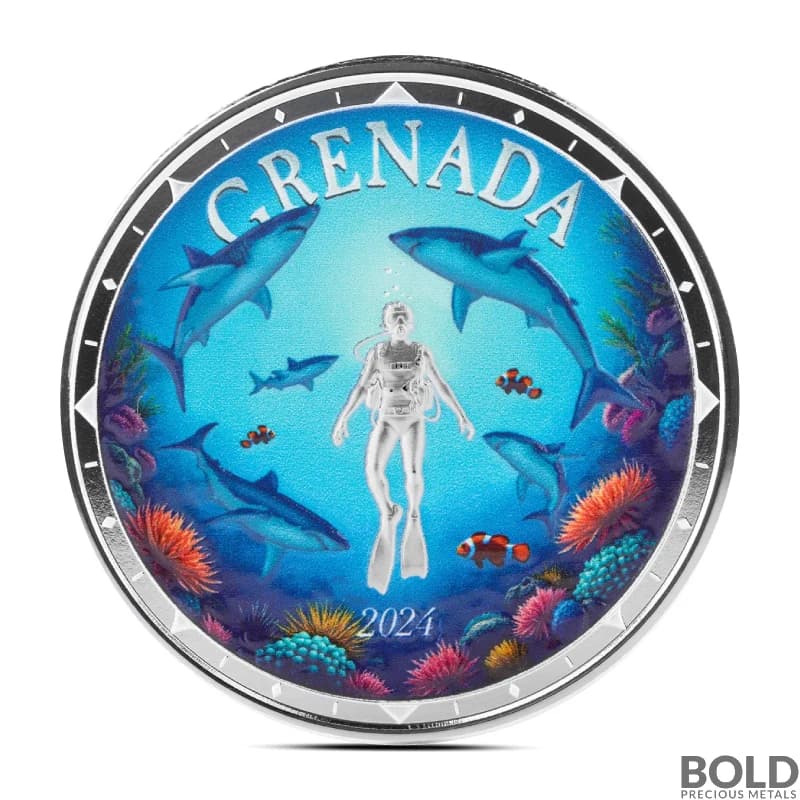 2024 1 oz EC8 Grenada Shark Diver Silver Coin (BU, Colored)