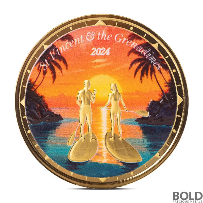 2024 1 oz EC8 St. Vincent & the Grenadines Paddleboard Couple Gold Coin (Colored)