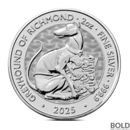 2025 2 oz British Tudor Beasts: Greyhound of Richmond Silver Coin (BU)