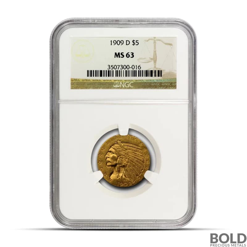 $5 Indian Gold Half Eagle Coin (MS63, Random)