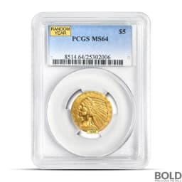$5 Indian Gold Half Eagle Coin (MS64, Random)