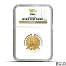 $5 Indian Gold Half Eagle Coin (MS64, Random)