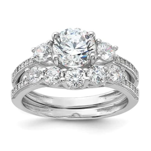 Sterling Silver Rhodium-finished Cubic Zirconia Engagement Ring and Band Set