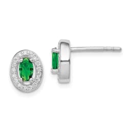 Sterling Silver Green and White Cubic Zirconia Oval Stud Earrings 9mm, May Birthstone