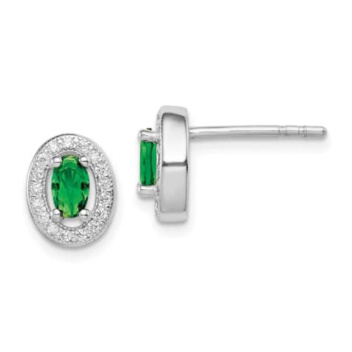Sterling Silver Green and White Cubic Zirconia Oval Stud Earrings 9mm, May Birthstone