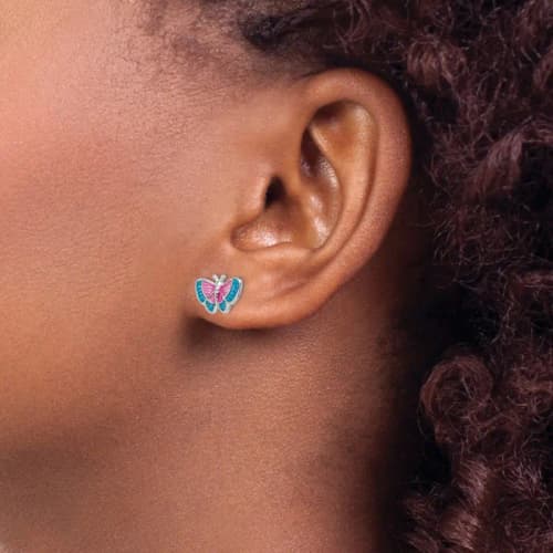 Sterling Silver Rhodium-finished Madi K Polished Pink and Blue Enameled Butterfly Children's Post Earrings