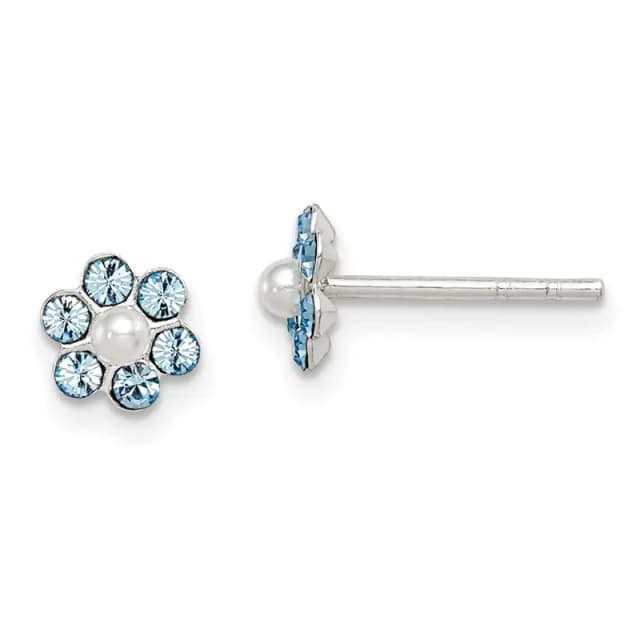 Sterling Silver Polished Children's Stellux Crystal and Imitation Pearl Flower Post Earring Set