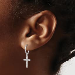 rhodium-plated-cz-cross-dangle-round-hoop-earrings-ss