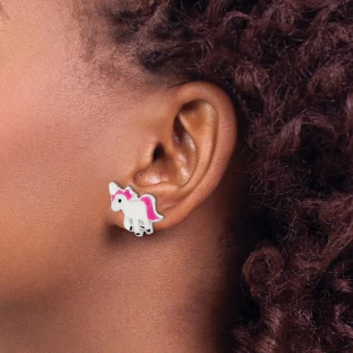 Sterling Silver Rhodium-finished Polished Multi-color Enameled Pink Unicorn Children's Post Earrings