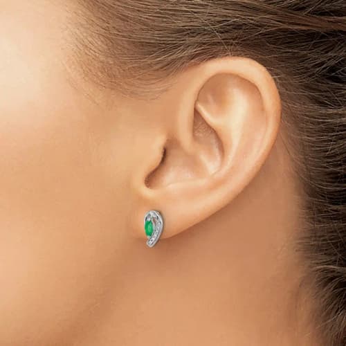10K White Gold Diamond and Marquise Emerald Stud Earrings 1/20 ct tw 5x2.5mm, May Birthstone