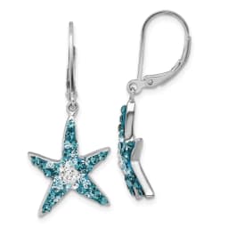 Sterling Silver Rhodium-finished Polished Blue and White Crystal Starfish Leverback Earrings