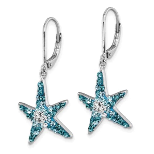 Sterling Silver Rhodium-finished Polished Blue and White Crystal Starfish Leverback Earrings