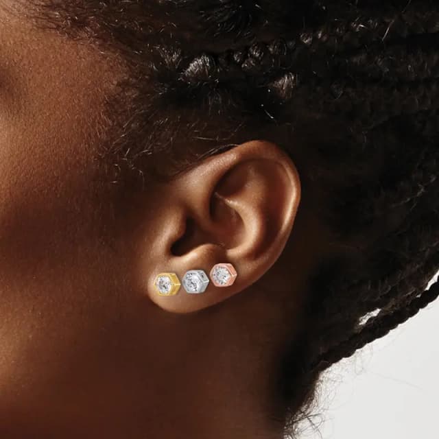 Sterling Silver Rodium-finished Rose and Gold-tone CZ Set of 3 Post Earring Set