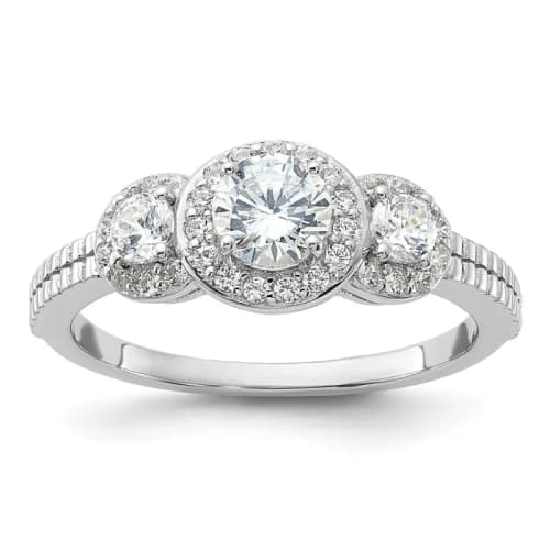 Cheryl M Sterling Silver Brilliant-cut CZ 3-Stone Halo with Textured Side Ring