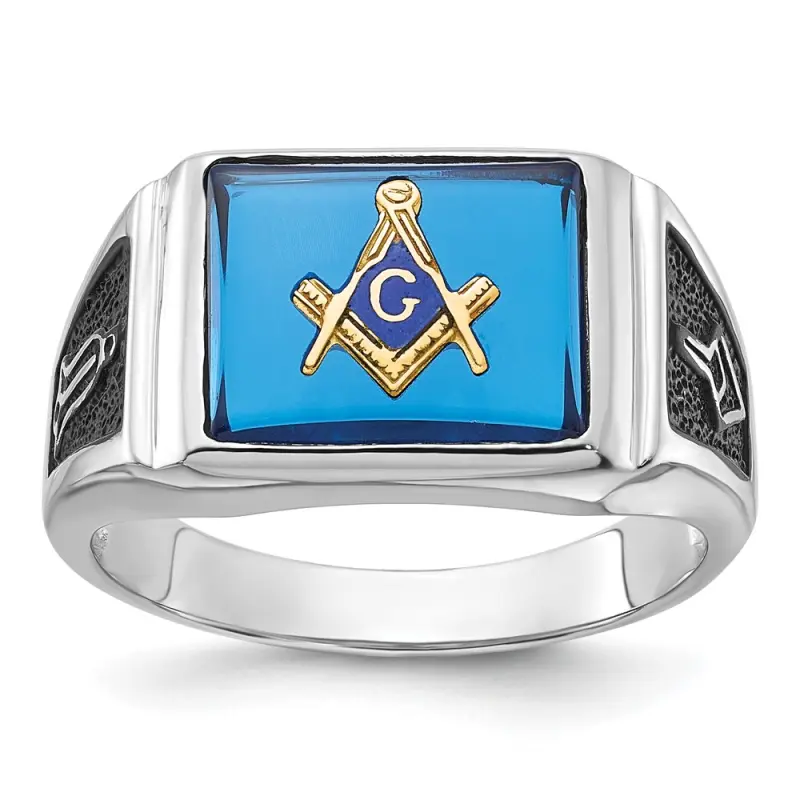 men-s-polished-and-textured-with-black-enamel-and-imitation-blue-spinel-masonic-ring