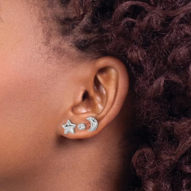 Sterling Silver RH-finished CZ Moon/Star and Round Set of 3 Post Earring Set