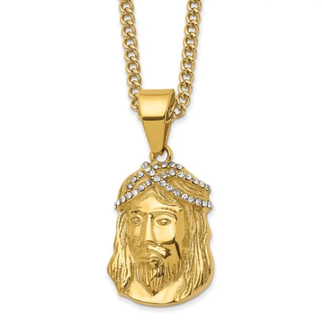 Chisel Stainless S Polished Yellow IP-finished with Crystal Jesus Pendant on a 24 inch Curb Chain Necklace