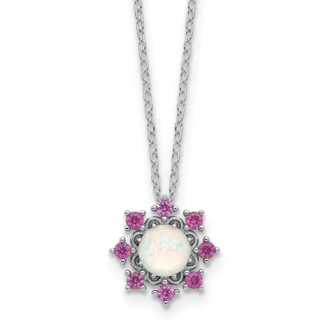 Cheryl M Sterling S Rh-finished Polished Created Opal and Pink Crystal Flower Necklace