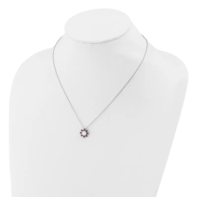 Cheryl M Sterling S Rh-finished Polished Created Opal and Pink Crystal Flower Necklace