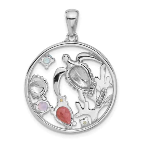 Sterling Silver Rhodium-finished Polished Rainbow Multi-Gemstone Sea Turtle Pendant